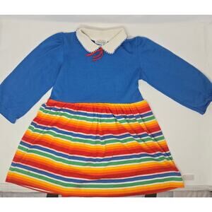 Health-Tex Size 6 Girls Long Sleeved Rainbow Striped Dress 1970s Vintage Clothes